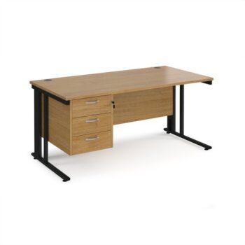 Maestro 25 straight desk 1600mm x 800mm with 3 drawer pedestal - black cable managed leg frame Oak Top - MCM16P3KO