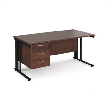 Maestro 25 straight desk 1600mm x 800mm with 3 drawer pedestal - black cable managed leg frame Walnut top - MCM16P3KW