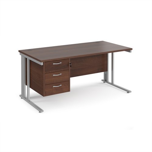 Maestro 25 straight desk 1600mm x 800mm with 3 drawer pedestal - silver cable managed leg frame Walnut top - MCM16P3SW