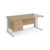 Maestro 25 straight desk 1600mm x 800mm with 3 drawer pedestal - white cable managed leg frame Kendal Oak Top - MCM16P3WHKO