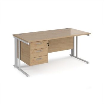 Maestro 25 straight desk 1600mm x 800mm with 3 drawer pedestal - white cable managed leg frame Kendal Oak Top - MCM16P3WHKO