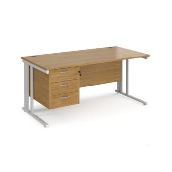 Maestro 25 straight desk 1600mm x 800mm with 3 drawer pedestal - white cable managed leg frame Oak Top - MCM16P3WHO