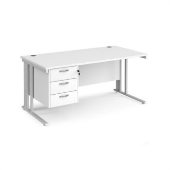 Maestro 25 straight desk 1600mm x 800mm with 3 drawer pedestal - white cable managed leg frame White Top - MCM16P3WHWH