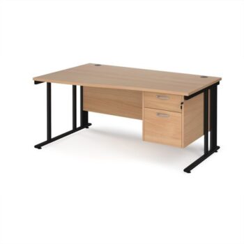 Maestro 25 left hand wave desk 1600mm wide with 2 drawer pedestal - black cable managed leg frame Beech top - MCM16WLP2KB