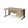 Maestro 25 left hand wave desk 1600mm wide with 2 drawer pedestal - black cable managed leg frame Kendal Oak Top - MCM16WLP2KKO