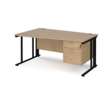 Maestro 25 left hand wave desk 1600mm wide with 2 drawer pedestal - black cable managed leg frame Kendal Oak Top - MCM16WLP2KKO