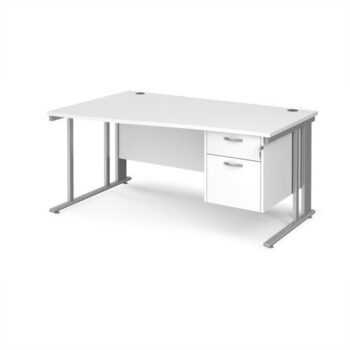 Maestro 25 left hand wave desk 1600mm wide with 2 drawer pedestal - silver cable managed leg frame White Top - MCM16WLP2SWH