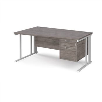 Maestro 25 left hand wave desk 1600mm wide with 2 drawer pedestal - white cable managed leg frame Grey Oak Top - MCM16WLP2WHGO