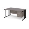 Maestro 25 left hand wave desk 1600mm wide with 3 drawer pedestal - black cable managed leg frame Grey Oak Top - MCM16WLP3KGO