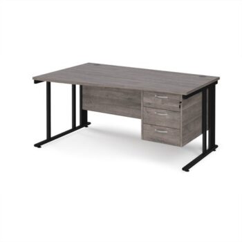 Maestro 25 left hand wave desk 1600mm wide with 3 drawer pedestal - black cable managed leg frame Grey Oak Top - MCM16WLP3KGO