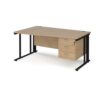Maestro 25 left hand wave desk 1600mm wide with 3 drawer pedestal - black cable managed leg frame Kendal Oak Top - MCM16WLP3KKO