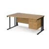 Maestro 25 left hand wave desk 1600mm wide with 3 drawer pedestal - black cable managed leg frame Oak Top - MCM16WLP3KO