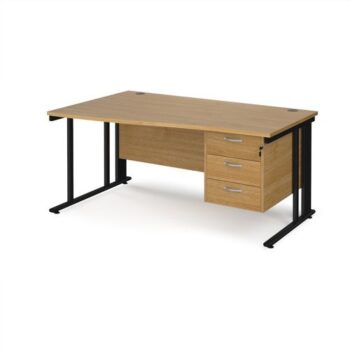 Maestro 25 left hand wave desk 1600mm wide with 3 drawer pedestal - black cable managed leg frame Oak Top - MCM16WLP3KO