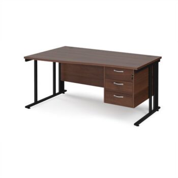 Maestro 25 left hand wave desk 1600mm wide with 3 drawer pedestal - black cable managed leg frame Walnut top - MCM16WLP3KW