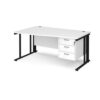 Maestro 25 left hand wave desk 1600mm wide with 3 drawer pedestal - black cable managed leg frame White Top - MCM16WLP3KWH
