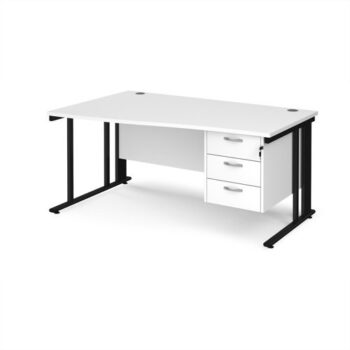 Maestro 25 left hand wave desk 1600mm wide with 3 drawer pedestal - black cable managed leg frame White Top - MCM16WLP3KWH
