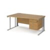 Maestro 25 left hand wave desk 1600mm wide with 3 drawer pedestal - silver cable managed leg frame Oak Top - MCM16WLP3SO