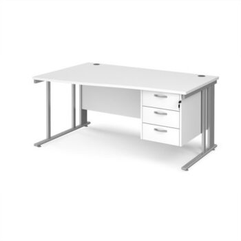 Maestro 25 left hand wave desk 1600mm wide with 3 drawer pedestal - silver cable managed leg frame White Top - MCM16WLP3SWH
