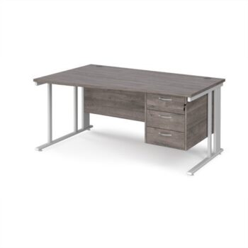 Maestro 25 left hand wave desk 1600mm wide with 3 drawer pedestal - white cable managed leg frame Grey Oak Top - MCM16WLP3WHGO
