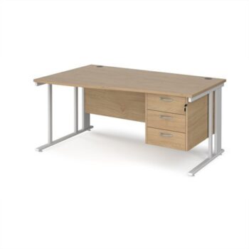 Maestro 25 left hand wave desk 1600mm wide with 3 drawer pedestal - white cable managed leg frame Kendal Oak Top - MCM16WLP3WHKO