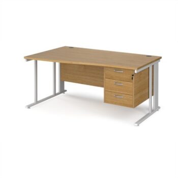 Maestro 25 left hand wave desk 1600mm wide with 3 drawer pedestal - white cable managed leg frame Oak Top - MCM16WLP3WHO