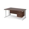 Maestro 25 left hand wave desk 1600mm wide with 3 drawer pedestal - white cable managed leg frame Walnut top - MCM16WLP3WHW