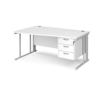 Maestro 25 left hand wave desk 1600mm wide with 3 drawer pedestal - white cable managed leg frame White Top - MCM16WLP3WHWH