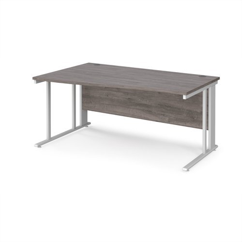 Maestro 25 left hand wave desk 1600mm wide - white cable managed leg frame Grey Oak Top - MCM16WLWHGO