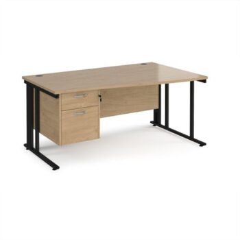 Maestro 25 right hand wave desk 1600mm wide with 2 drawer pedestal - black cable managed leg frame Kendal Oak Top - MCM16WRP2KKO