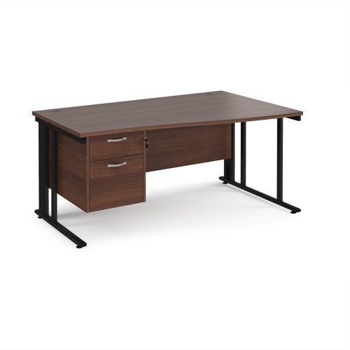 Maestro 25 right hand wave desk 1600mm wide with 2 drawer pedestal - black cable managed leg frame Walnut top - MCM16WRP2KW