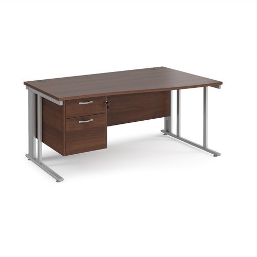 Maestro 25 right hand wave desk 1600mm wide with 2 drawer pedestal - silver cable managed leg frame Walnut top - MCM16WRP2SW