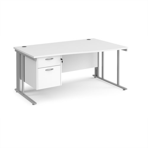 Maestro 25 right hand wave desk 1600mm wide with 2 drawer pedestal - silver cable managed leg frame White Top - MCM16WRP2SWH