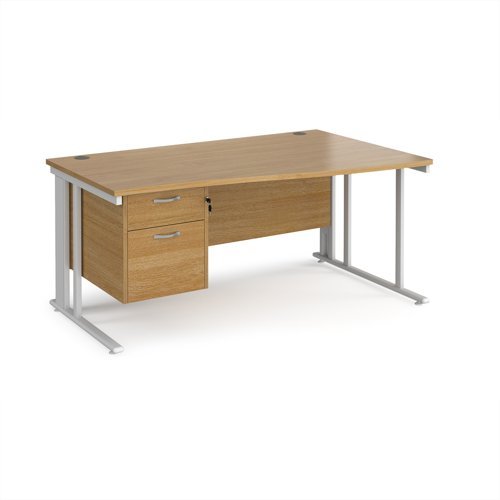 Maestro 25 right hand wave desk 1600mm wide with 2 drawer pedestal - white cable managed leg frame Oak Top - MCM16WRP2WHO