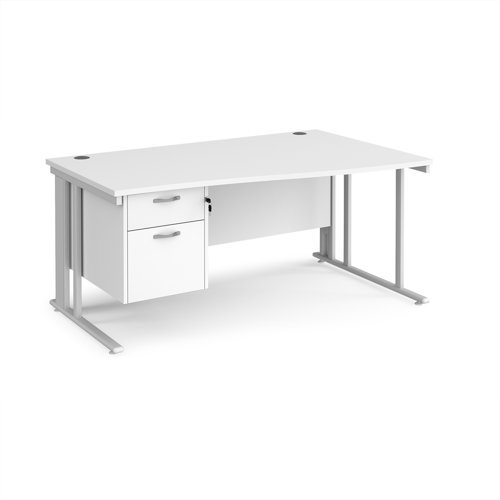 Maestro 25 right hand wave desk 1600mm wide with 2 drawer pedestal - white cable managed leg frame White Top - MCM16WRP2WHWH