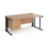 Maestro 25 right hand wave desk 1600mm wide with 3 drawer pedestal - black cable managed leg frame Beech top - MCM16WRP3KB