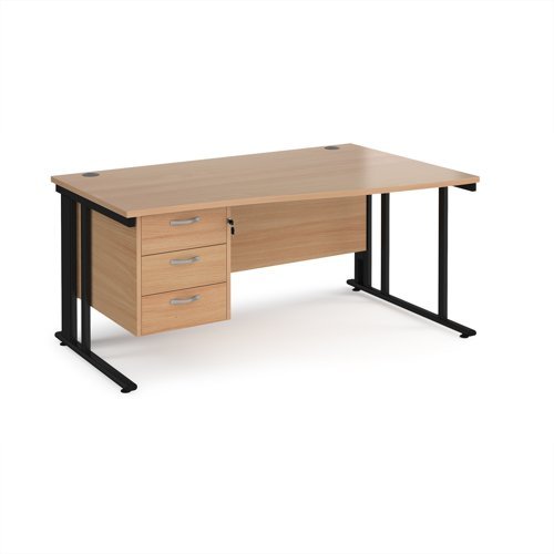 Maestro 25 right hand wave desk 1600mm wide with 3 drawer pedestal - black cable managed leg frame Beech top - MCM16WRP3KB