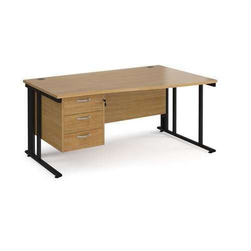 Maestro 25 right hand wave desk 1600mm wide with 3 drawer pedestal - black cable managed leg frame Oak Top - MCM16WRP3KO