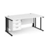 Maestro 25 right hand wave desk 1600mm wide with 3 drawer pedestal - black cable managed leg frame White Top - MCM16WRP3KWH