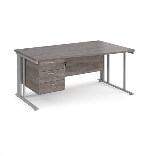 Maestro 25 right hand wave desk 1600mm wide with 3 drawer pedestal - silver cable managed leg frame Grey Oak Top - MCM16WRP3SGO
