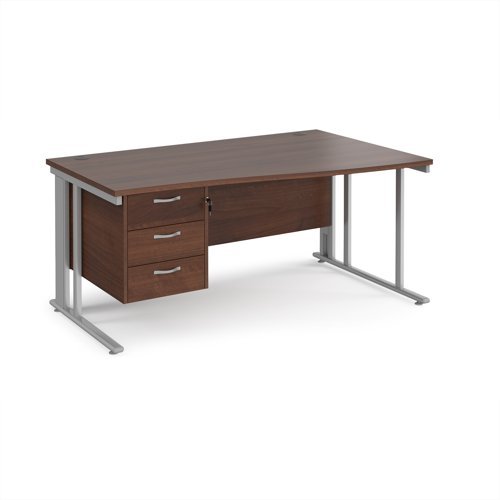 Maestro 25 right hand wave desk 1600mm wide with 3 drawer pedestal - silver cable managed leg frame Walnut top - MCM16WRP3SW