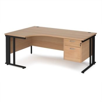 Maestro 25 left hand ergonomic desk 1800mm wide with 2 drawer pedestal - black cable managed leg frame Beech top - MCM18ELP2KB