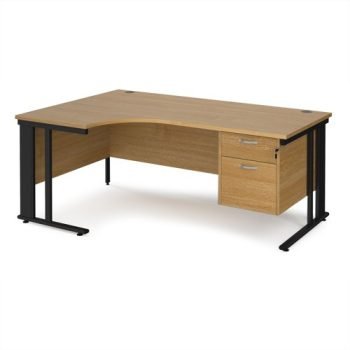 Maestro 25 left hand ergonomic desk 1800mm wide with 2 drawer pedestal - black cable managed leg frame Oak Top - MCM18ELP2KO