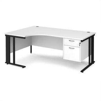 Maestro 25 left hand ergonomic desk 1800mm wide with 2 drawer pedestal - black cable managed leg frame White Top - MCM18ELP2KWH