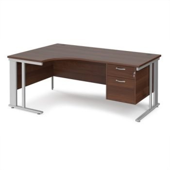 Maestro 25 left hand ergonomic desk 1800mm wide with 2 drawer pedestal - silver cable managed leg frame Walnut top - MCM18ELP2SW