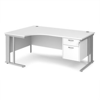 Maestro 25 left hand ergonomic desk 1800mm wide with 2 drawer pedestal - silver cable managed leg frame White Top - MCM18ELP2SWH