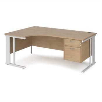 Maestro 25 left hand ergonomic desk 1800mm wide with 2 drawer pedestal - white cable managed leg frame Kendal Oak Top - MCM18ELP2WHKO