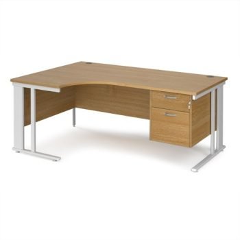 Maestro 25 left hand ergonomic desk 1800mm wide with 2 drawer pedestal - white cable managed leg frame Oak Top - MCM18ELP2WHO