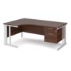 Maestro 25 left hand ergonomic desk 1800mm wide with 2 drawer pedestal - white cable managed leg frame Walnut top - MCM18ELP2WHW