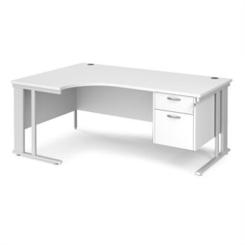 Maestro 25 left hand ergonomic desk 1800mm wide with 2 drawer pedestal - white cable managed leg frame White Top - MCM18ELP2WHWH