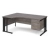 Maestro 25 left hand ergonomic desk 1800mm wide with 3 drawer pedestal - black cable managed leg frame Grey Oak Top - MCM18ELP3KGO